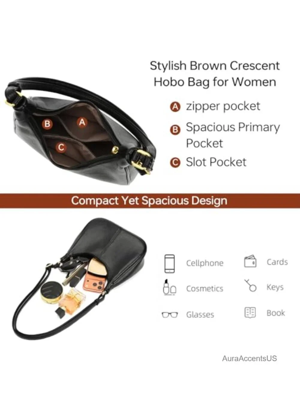 Crescent Hobo Crossbody Bag Faux Leather Shoulder Purse Adjustable Strap